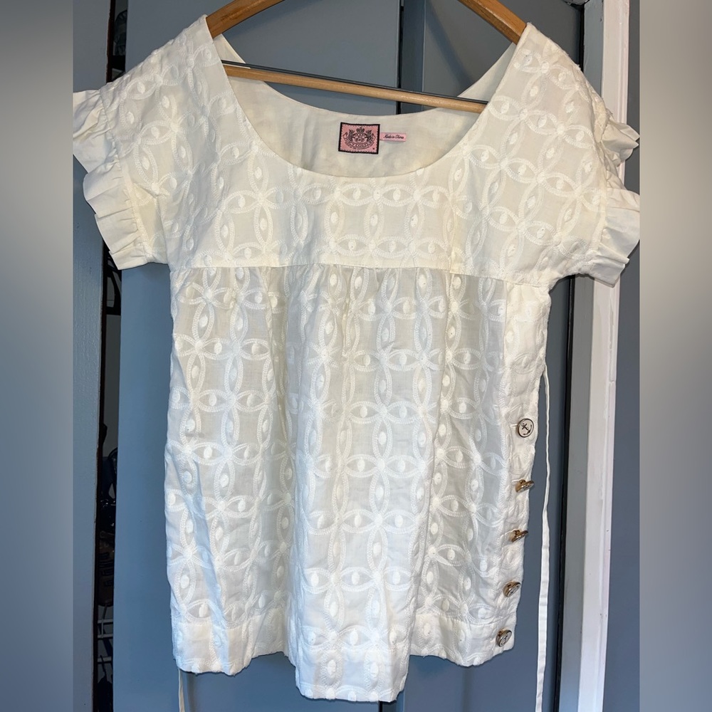 Juicy Couture cream top gold anchor buttons back tie